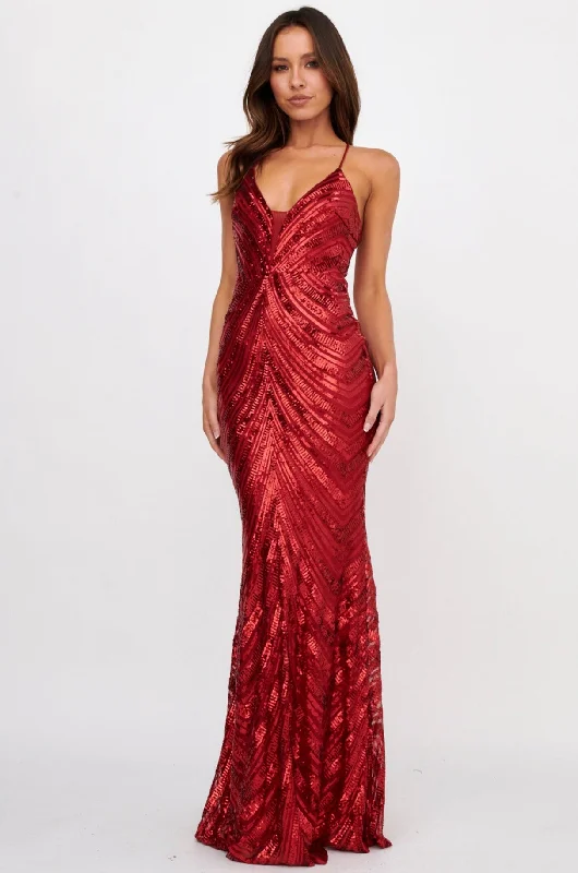 High waist design Dalila Open Tied Back Sequin Maxi Dress Red
