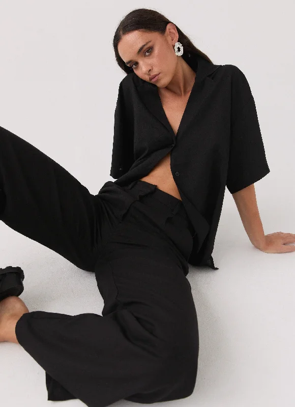Street Show-off Style Roll With Me Linen Oversized Shirt - Black