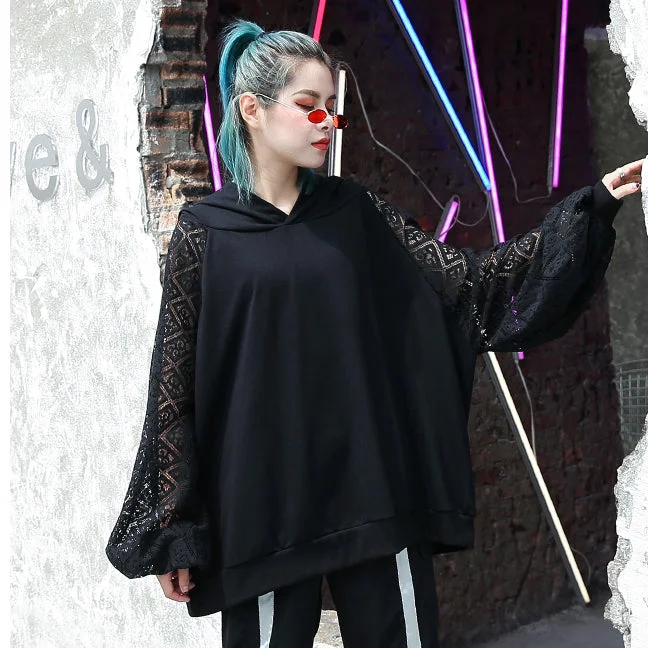 Sports Vitality Style fine black natural cotton blended t shirt oversized hooded clothing tops fine lace patchwork long sleeve tops Sports Vitality Style fine black natural cotton blended t shirt oversized hooded clothing tops fine lace patchwork long sleeve tops