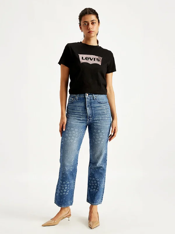 Sweet Lace Design Women's High Rise Ribcage Crop Blue Bootcut Jeans