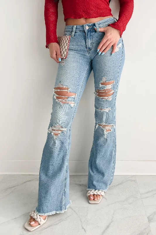 Street Style Langley Mid Rise Distressed Flare Kancan Jeans (Medium)