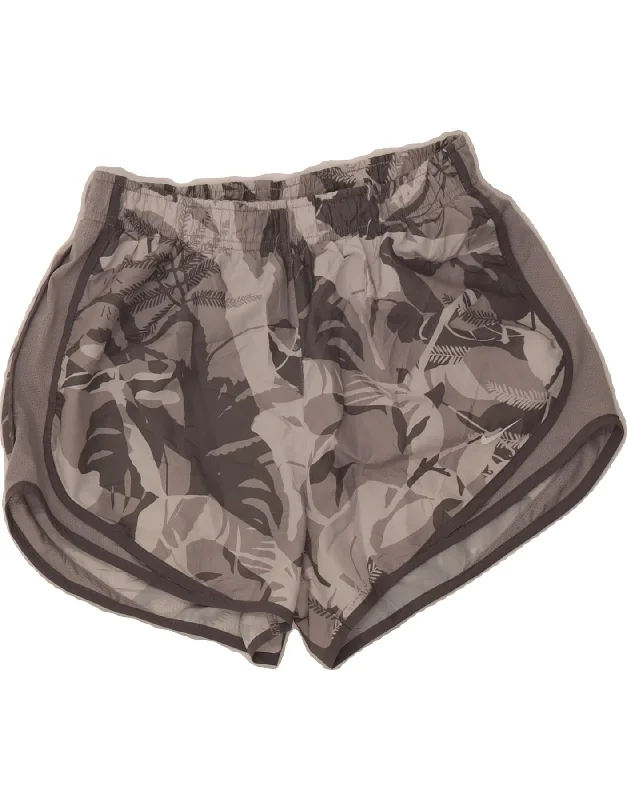 Street Style NIKE Womens Dri Fit Abstract Pattern Sport Shorts UK 12 Medium Grey