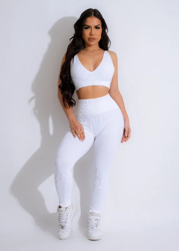 Sweet Small Flower Pattern Fitness Day Ribbed Legging White