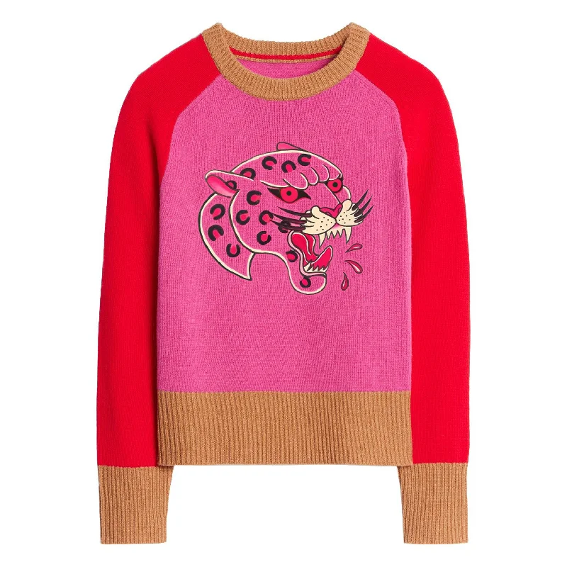 Street Fashion Style Women's vintage red matching leopard knit sweater