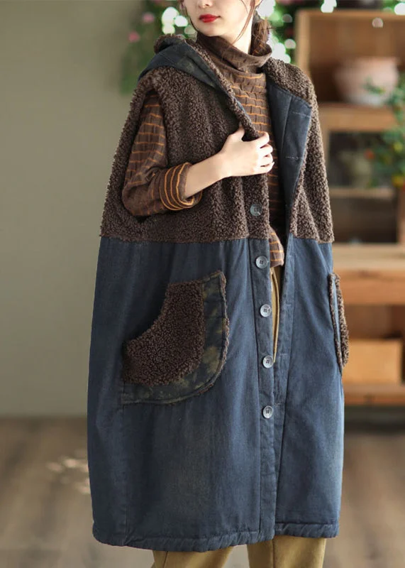 Retro Skirt Design New Blue Hooded Teddy Patchwork Fine Cotton Filled Denim Vest Fall Retro Skirt Design New Blue Hooded Teddy Patchwork Fine Cotton Filled Denim Vest Fall