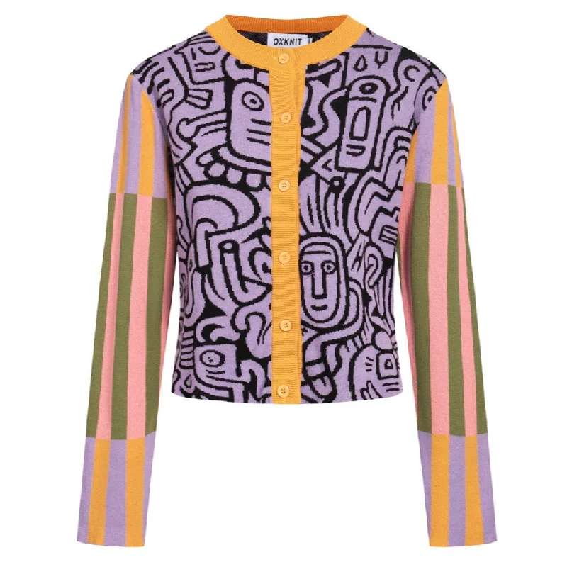 Street Vertical And Horizontal Design Women's multicolor art vintage cardigan sweater-Cropped Length