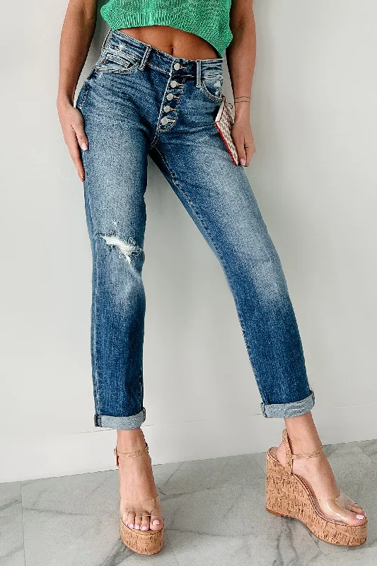Sports High Waist Style Justin Mid Rise Button Fly Judy Blue Boyfriend Jeans (Medium)