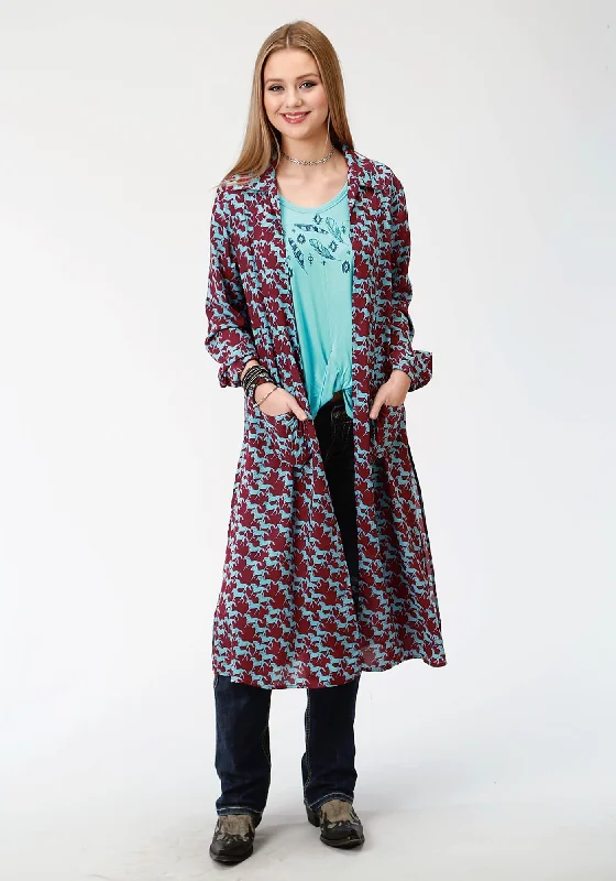 Retro Elegant Style Roper Womens Red Rayon/Nylon Turquoise Stampede Cardigan