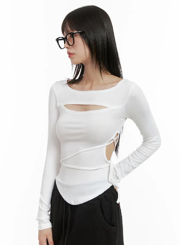 Sports High Waist Style Cut-Out Tie Long Sleeve Crop Tee CG426