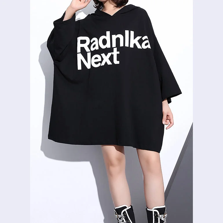 Street Show-off Style Fine black cotton tops plus size clothing hooded cotton t shirts casual back side open cotton blouses Street Show-off Style Fine black cotton tops plus size clothing hooded cotton t shirts casual back side open cotton blouses