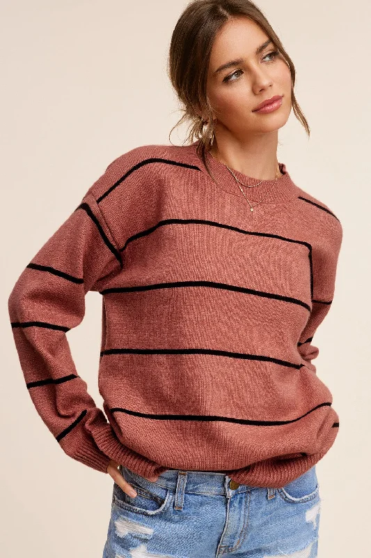Sweet Age-Reducing Style Rust Striped Mock Neck Sweater