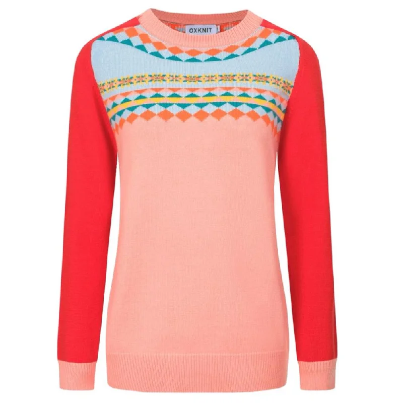 High waist design Women's vintage pink jacquard shoulder sweater