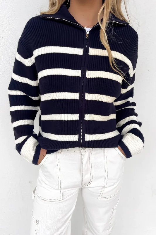 Leisure And Entertainment Monique Knit Zip Thru Jumper Navy White