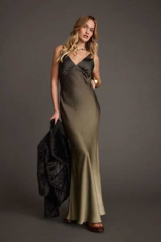 Alice style Mirabella Olive Satin Ombre Maxi Dress