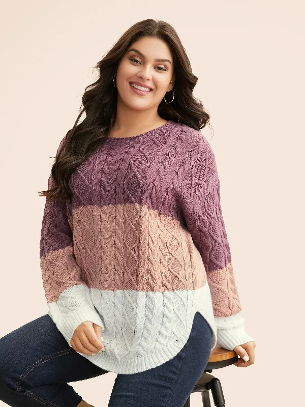 Sweet Age-Reducing Style Contrast Cable Knit Arc Hem Pullover
