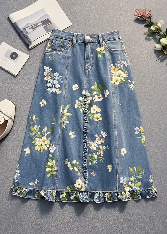 Trendy and versatile Women Blue Ruffled Print Denim Skirt Fall