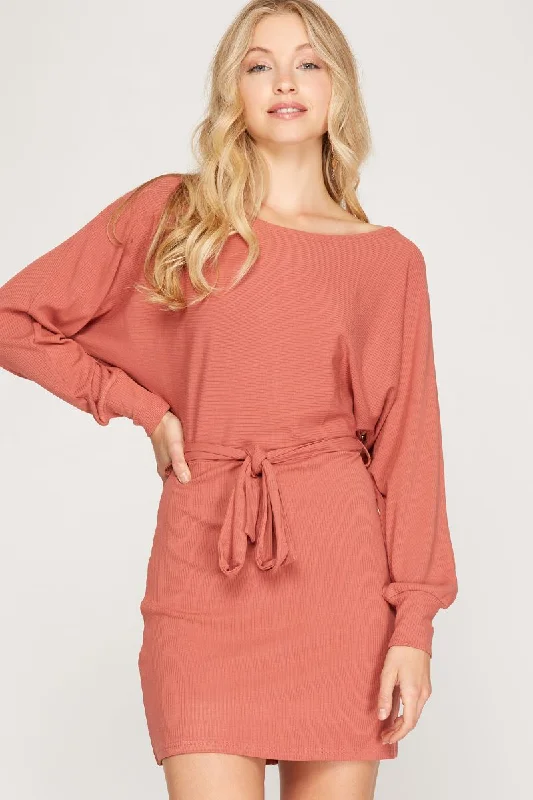 Fresh And Simple CINNAMON RIB KNIT DOLMAN LONG SLEEVES SASH WAIST MINI DRESS SS6213