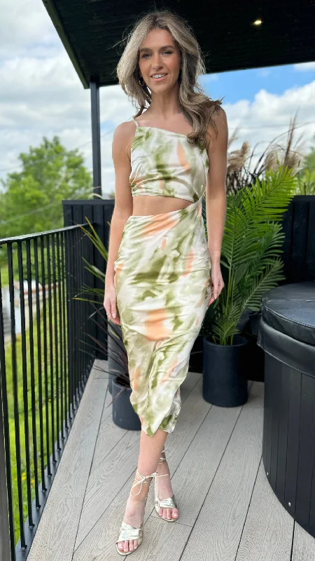 Sweet Flower Style Luna Green & Orange Multi Marble Print Asymmetric Cut Out Midi Dress