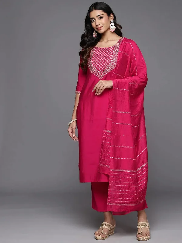 Retro Design Pink Yoke Design Silk Blend Straight Suit With Dupatta