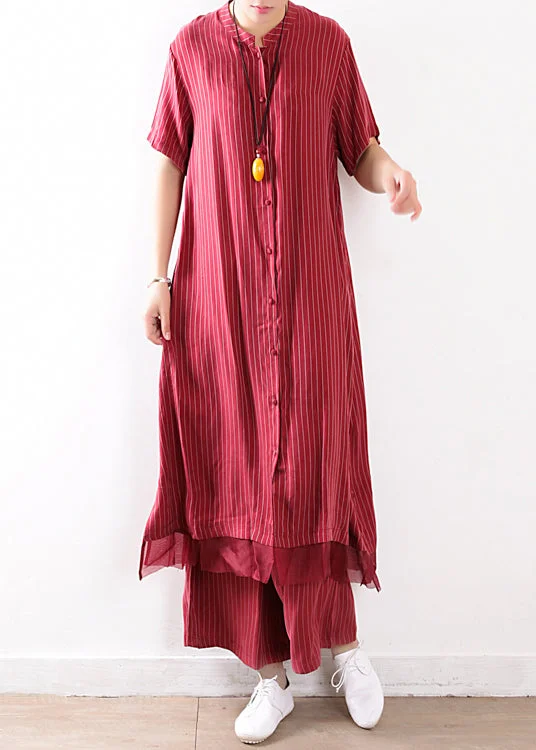 High waist design fashion red striped casual silk shirt dress and elastic waist wide leg pants two pieces