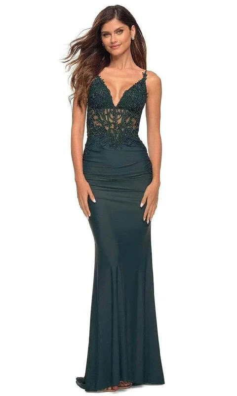 Amazing design La Femme - 31128 V Neck Sheer Lace Long Dress