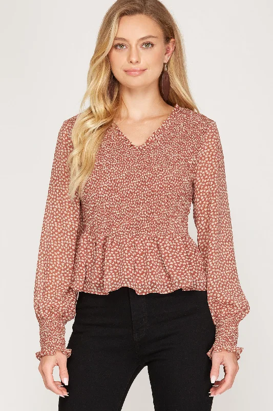 Street Sports Style DUSTY ROSE PUFF LONG SLEEVES SMOCKED PEPLUM WOVEN TOP S8SS7548
