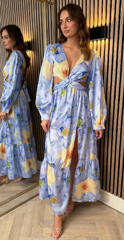 Literary Style Christine Blue Floral Printed Cut Out Detail Midi Dress