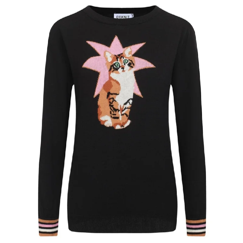 Urban Fashion Women's black kitten jacquard striped knit sweater