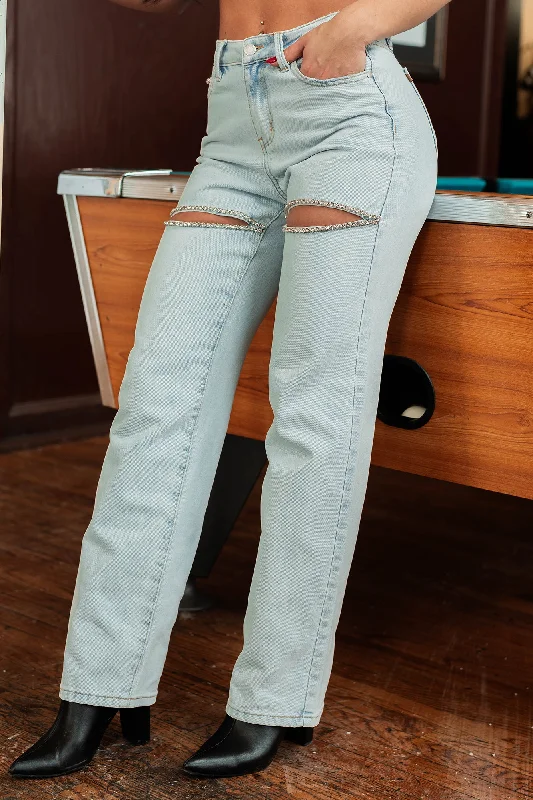 Hip-Hop Style Joyner High Rise Straight Fit Judy Blue Rhinestone Slit Jeans (Light)