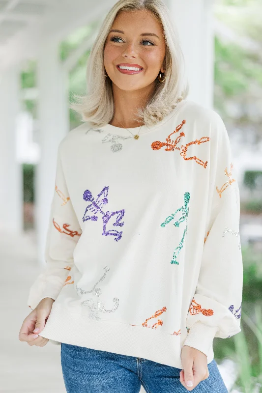 Street Letter Style Skeleton Dance Cream White Sequin Pullover
