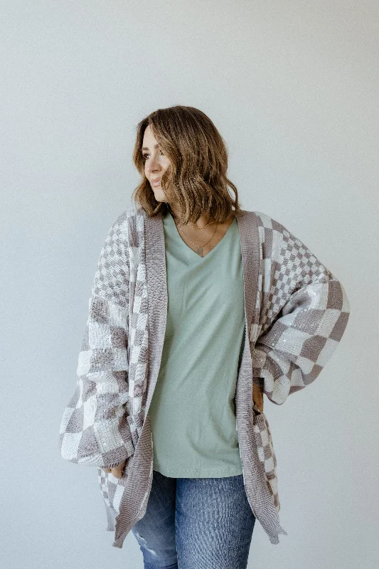 Retro Style SEQUIN CHECK CARDIGAN IN MOCHA