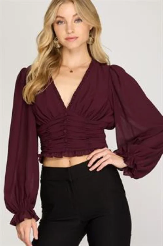 Retro Stripes WINE WOVEN LONG SLEEVES RUCHED CROP TOP S8SS8578
