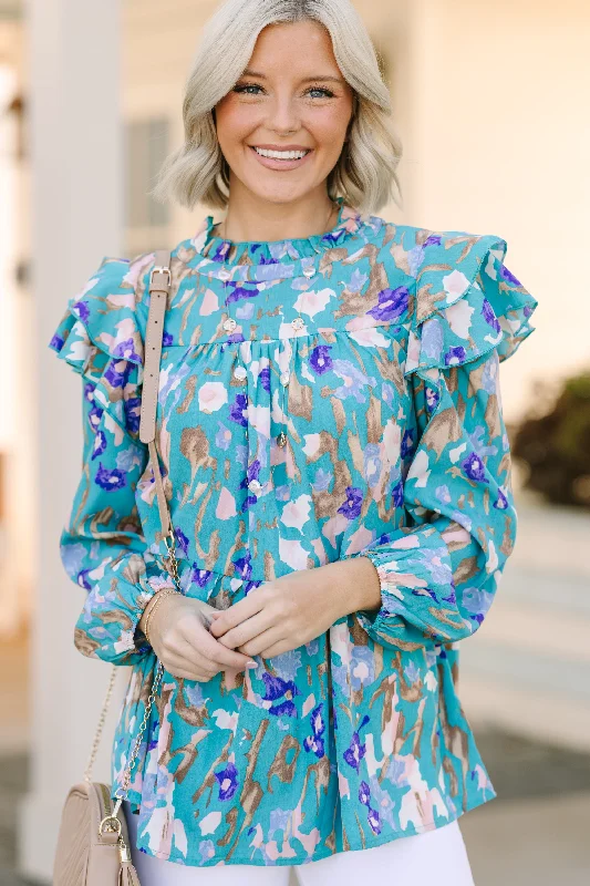 Sports Comfort Style Join You Later Teal Green Leopard L/S Top