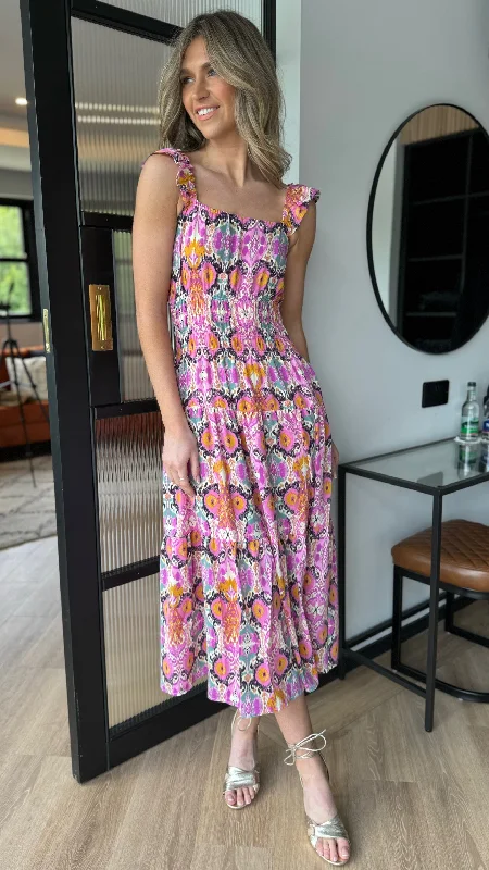 High-end atmosphere Lizbeth Multi Abstract Printed Frill Strap Midi Dress