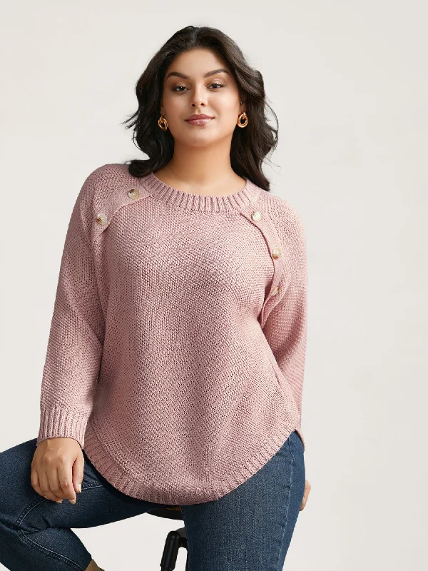 Alice style Plain Textured Button Detail Curved Hem Pullover