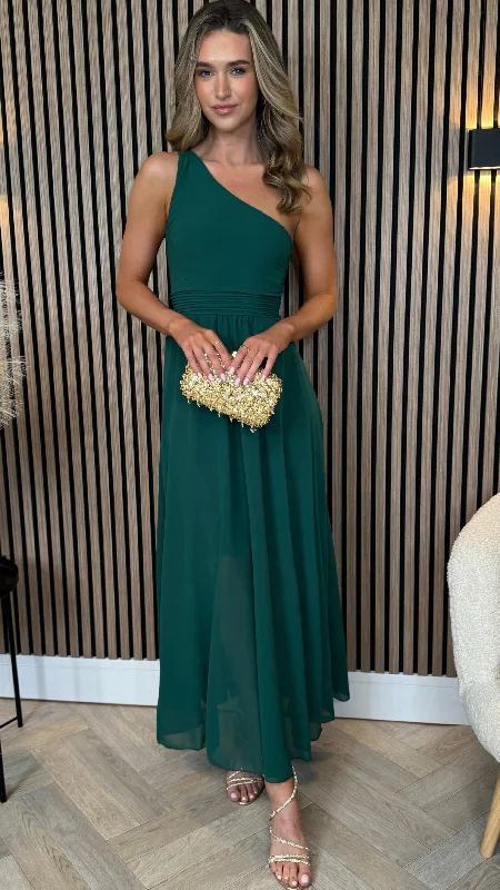 Simple research Hendrix Forest Green One Shoulder Full Skirt Midi Dress