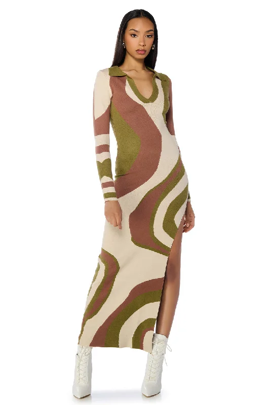 Printed pattern ADELINE COLLARED KNIT MAXI DRESS