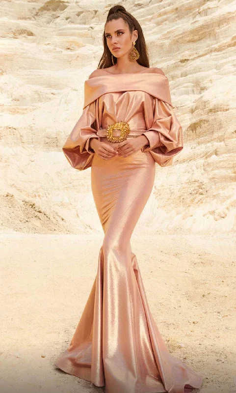 Retro Lace Fabric MNM Couture 2752 - Off-Shoulder Long Sleeve Evening Gown
