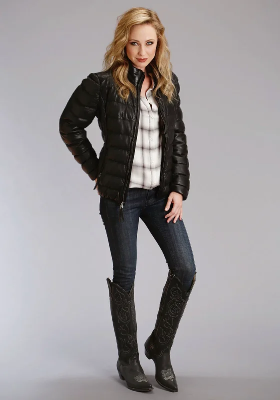 Retro Literary Style Stetson Womens Black Leather Quilted Puffy Jacket