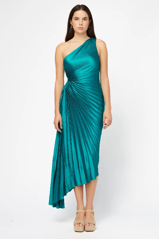 Letter embroidery Reagan One Shoulder Pleated Hi Lo Maxi Dress