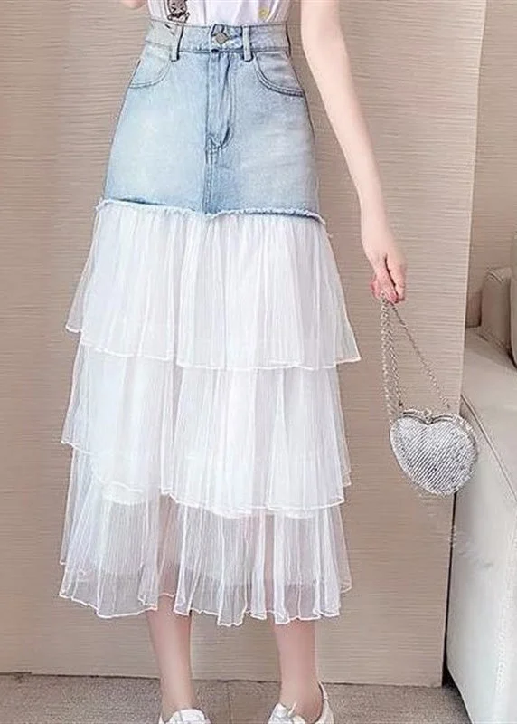 Creative Style Chic Blue High Waist Tulle Patchwork Denim A Line Skirt