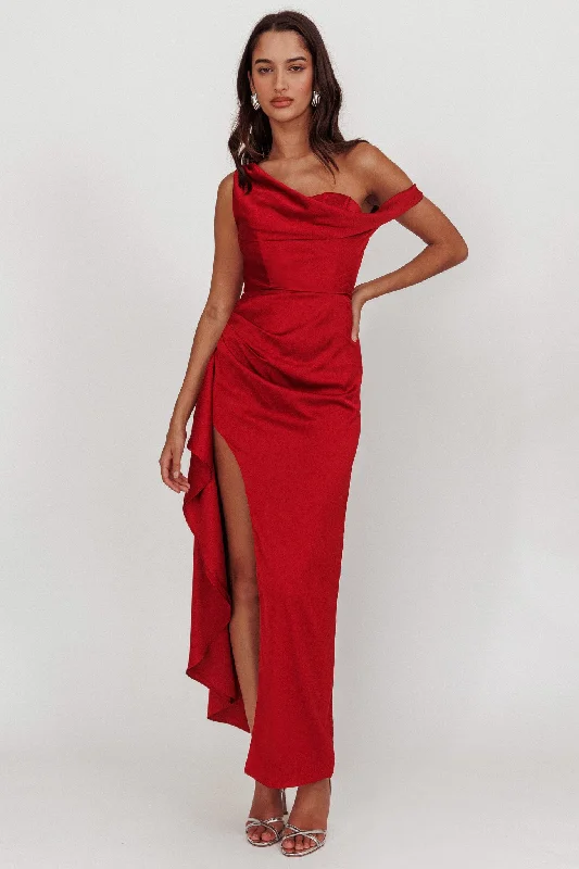 Style Design Sensations Off Shoulder Satin Maxi Dress Red