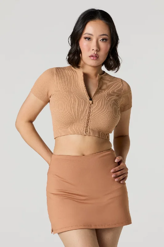 Creative Style Active Seamless Ribbed Short Sleeve Zip-Up Crop Top