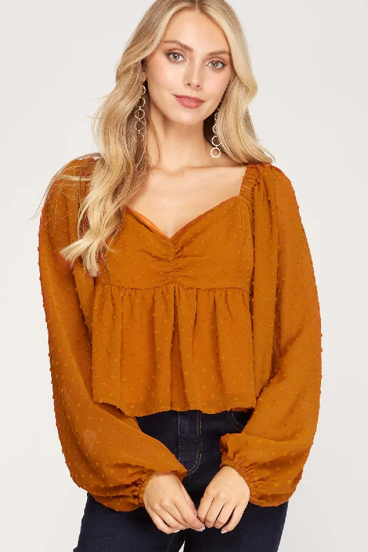 Fashion Style CARAMEL SWISS DOT SMOCKED PUFF LONG SLEEVES WOVEN TOP S8SS7987