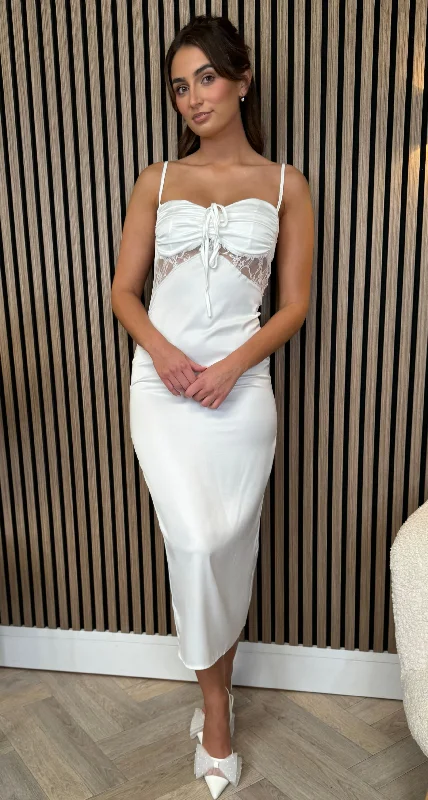Street Casual Style Genevieve White Satin Lace Detail Midi Dress