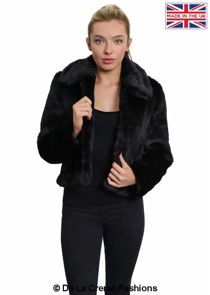 Retro Lace Fabric De La Creme Womens Faux Fur Cropped Aviator Bomber