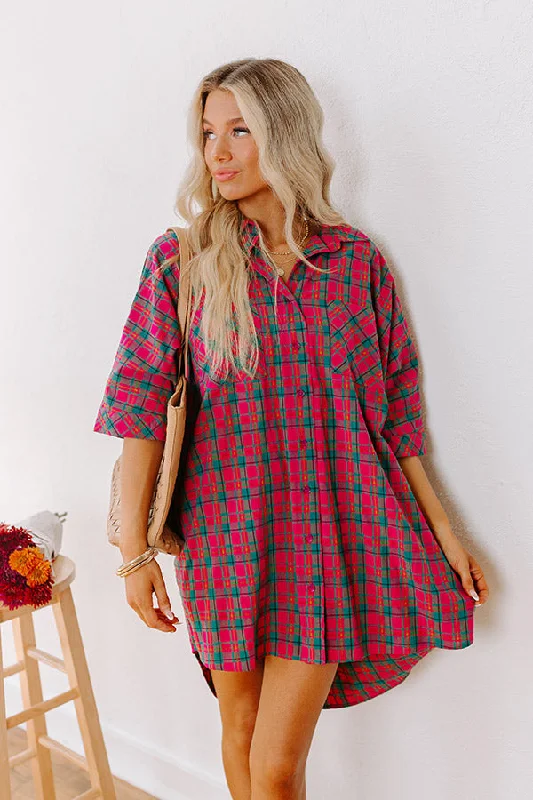 Free and comfortable Cider Sippin' Oversized Plaid Mini Dress in Pink