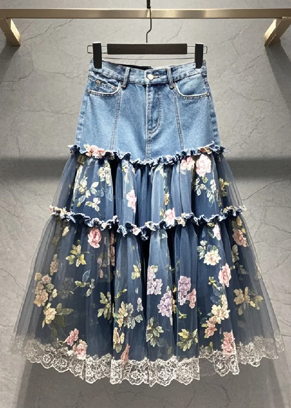 Fun and cute French Ruffled Patchwork Print Tulle Denim Skirt Fall