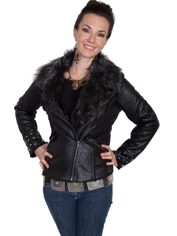 Creative Style Scully Womens Black Faux Fur Motorcycle Jacket