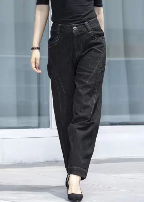 Printed pattern Classy Black High Waist Pockets Patchwork Cotton Denim Pants Summer